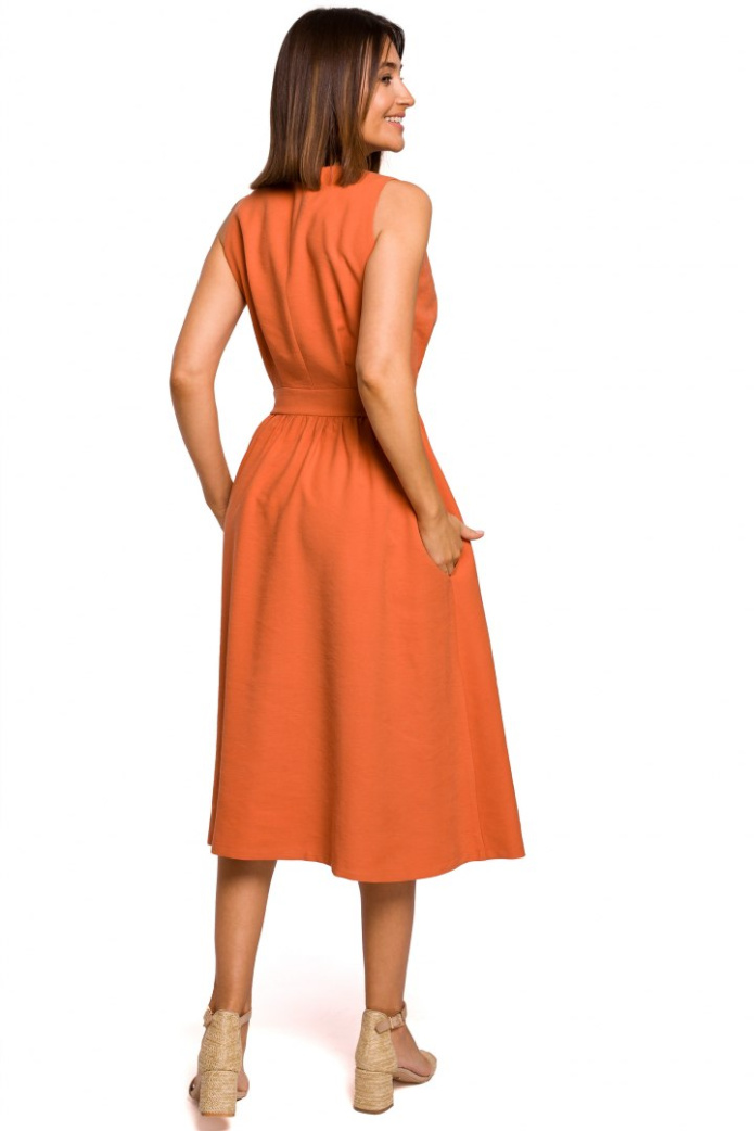 Sukienka Midi - Rozkloszowana Wiskozowa Bez Rękawów - pomarańczowa